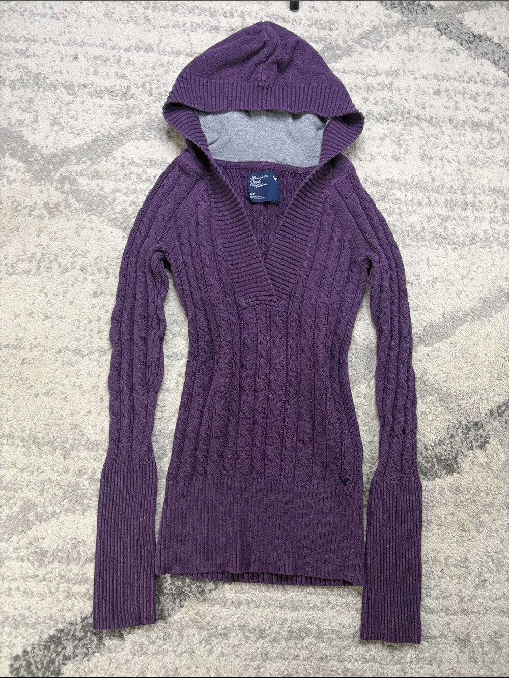 Aeropostale Plum Cable-Knit Hooded V-Neck Sweater